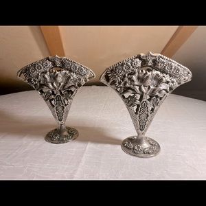 Set of 2 Vintage Pewter Art Deco/Art Nouveau/Victorian style Fan Vases